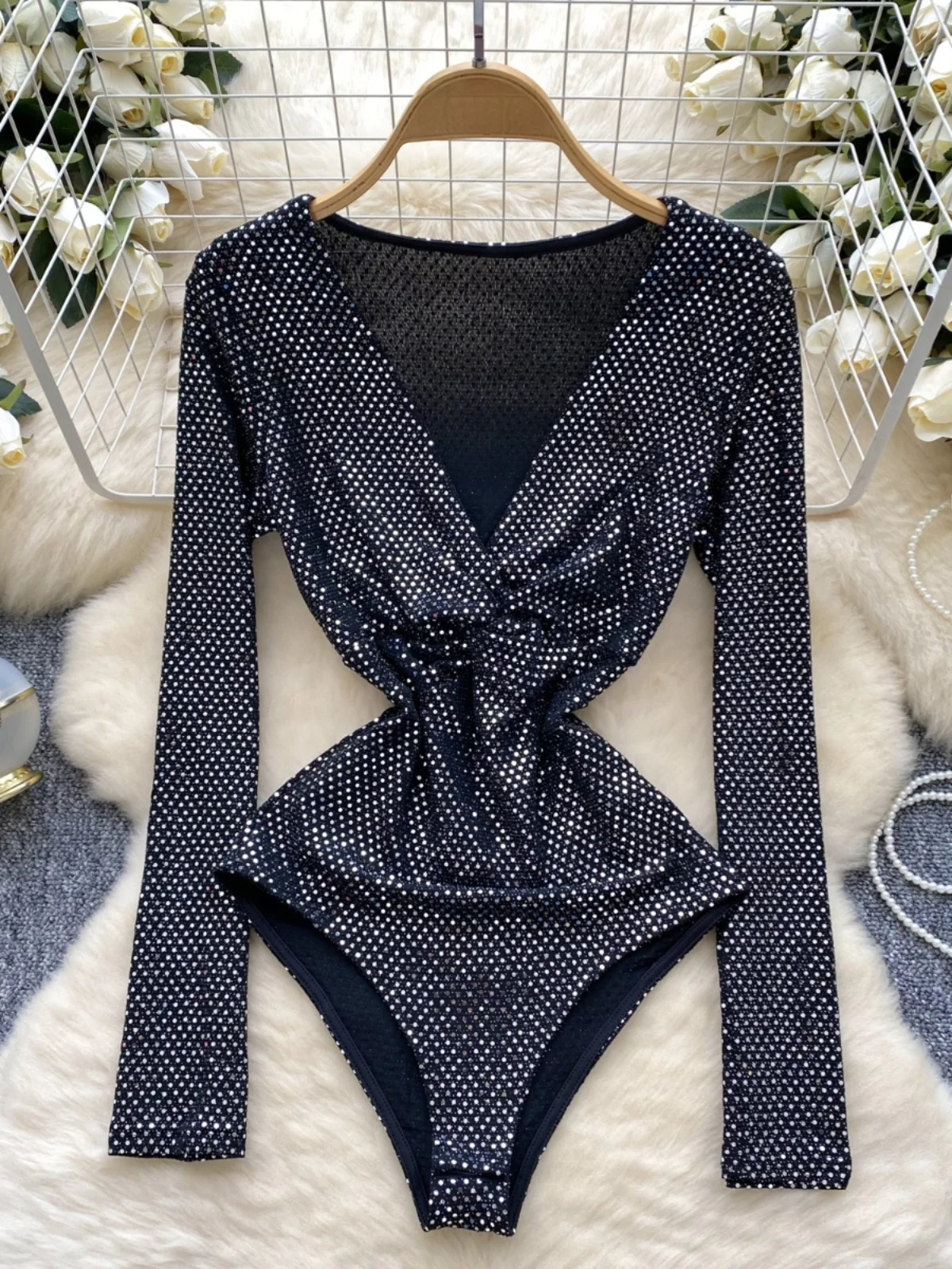 Ele – haut une pièce à paillettes pour femmes, amincissant, Design V-Ne, luxe, jambes droites, taille haute, pantalon ort