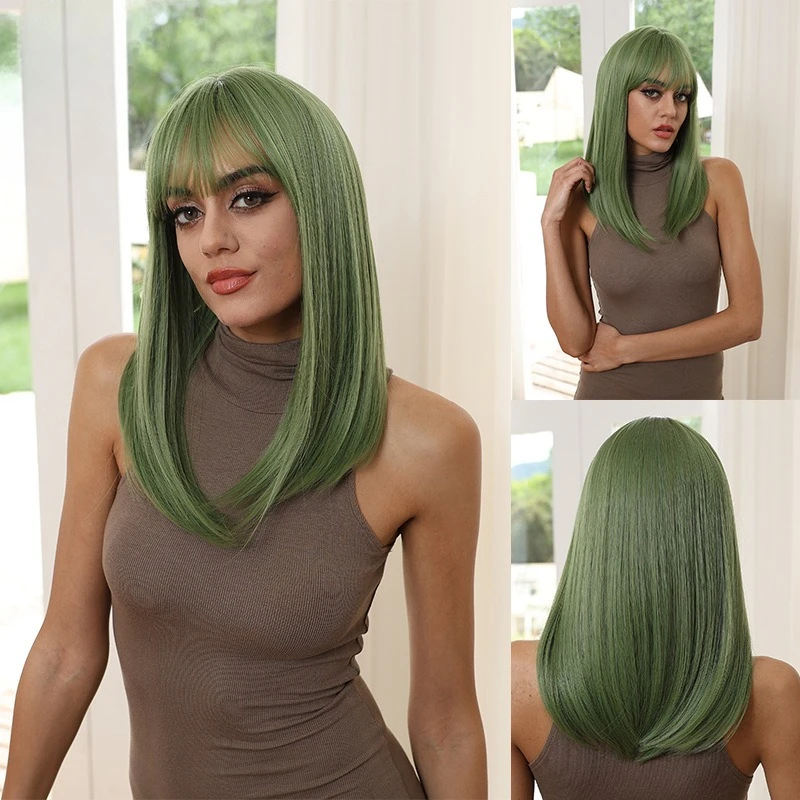 

Wig Fluorescent Green Medium Long Straight Hair Wig, Qi Bangs