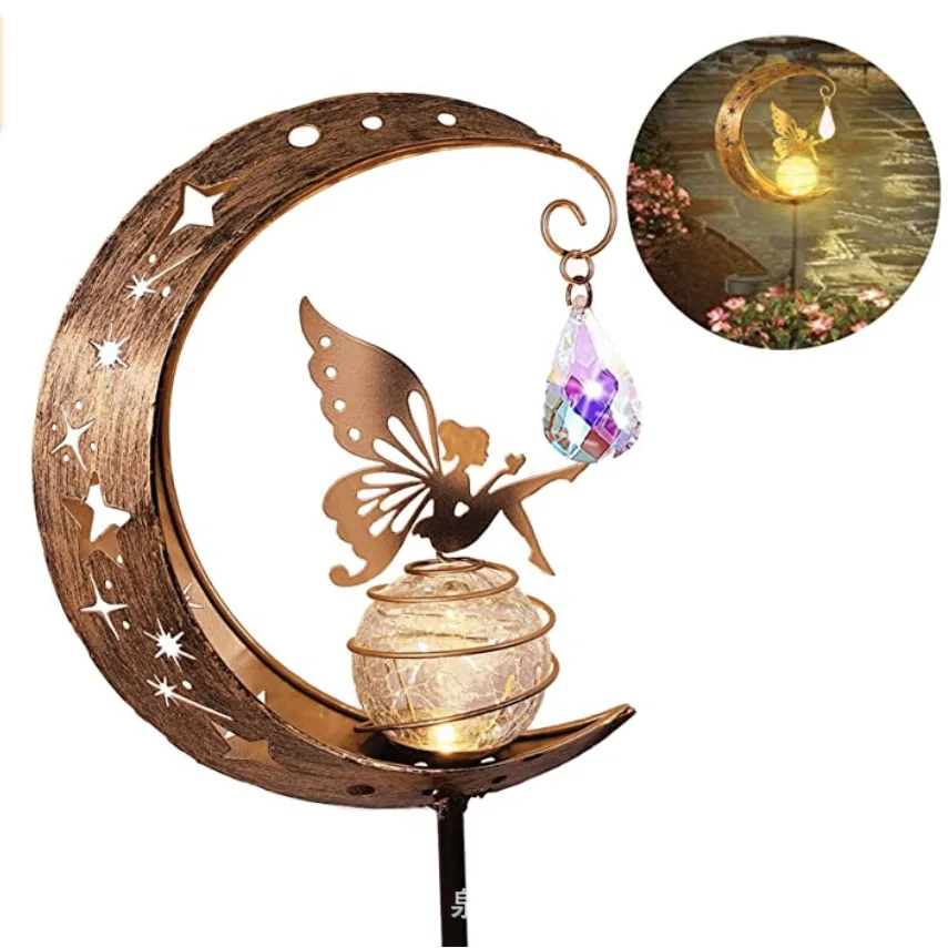 Fairy Moon Solar Light Lawn Outdoor Ornament Creative Decorative Iron Hollow Crack Ball Lamp Angle Art Led Yard Decor