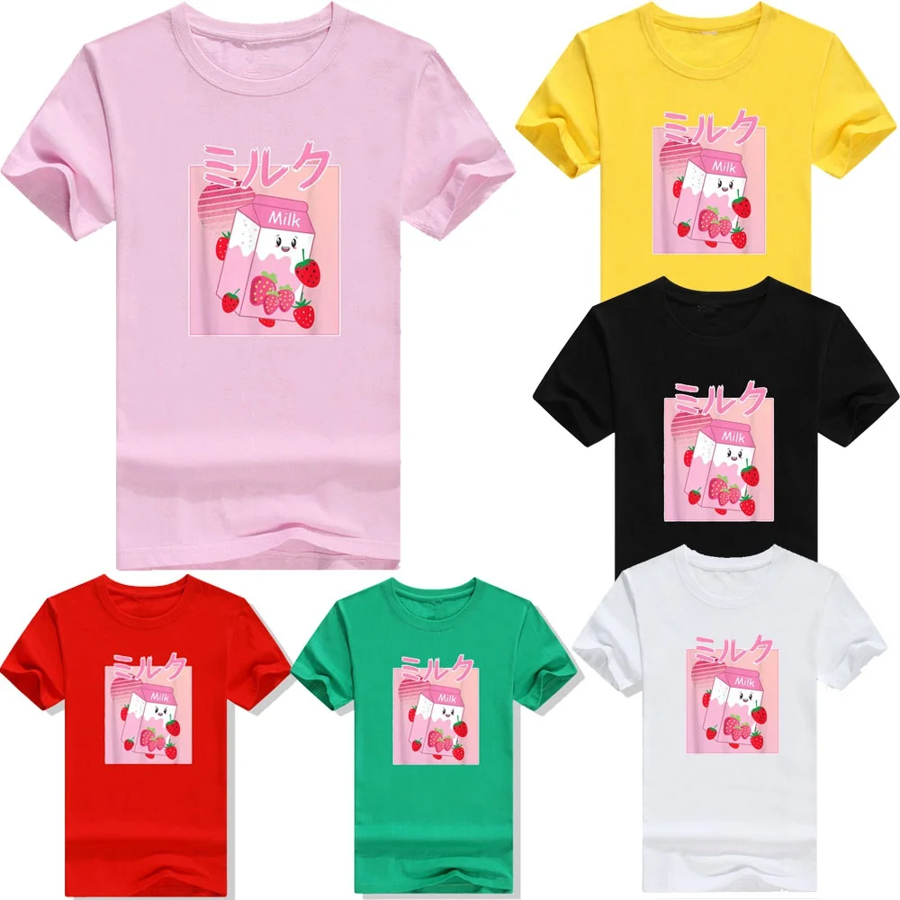 Merch Japanese Strawberry Milk Shake Kawaii T-Shirt Cute Graphic Tee Tops for Girls and Women Girls Fashion Cartoon Y2k Clothes