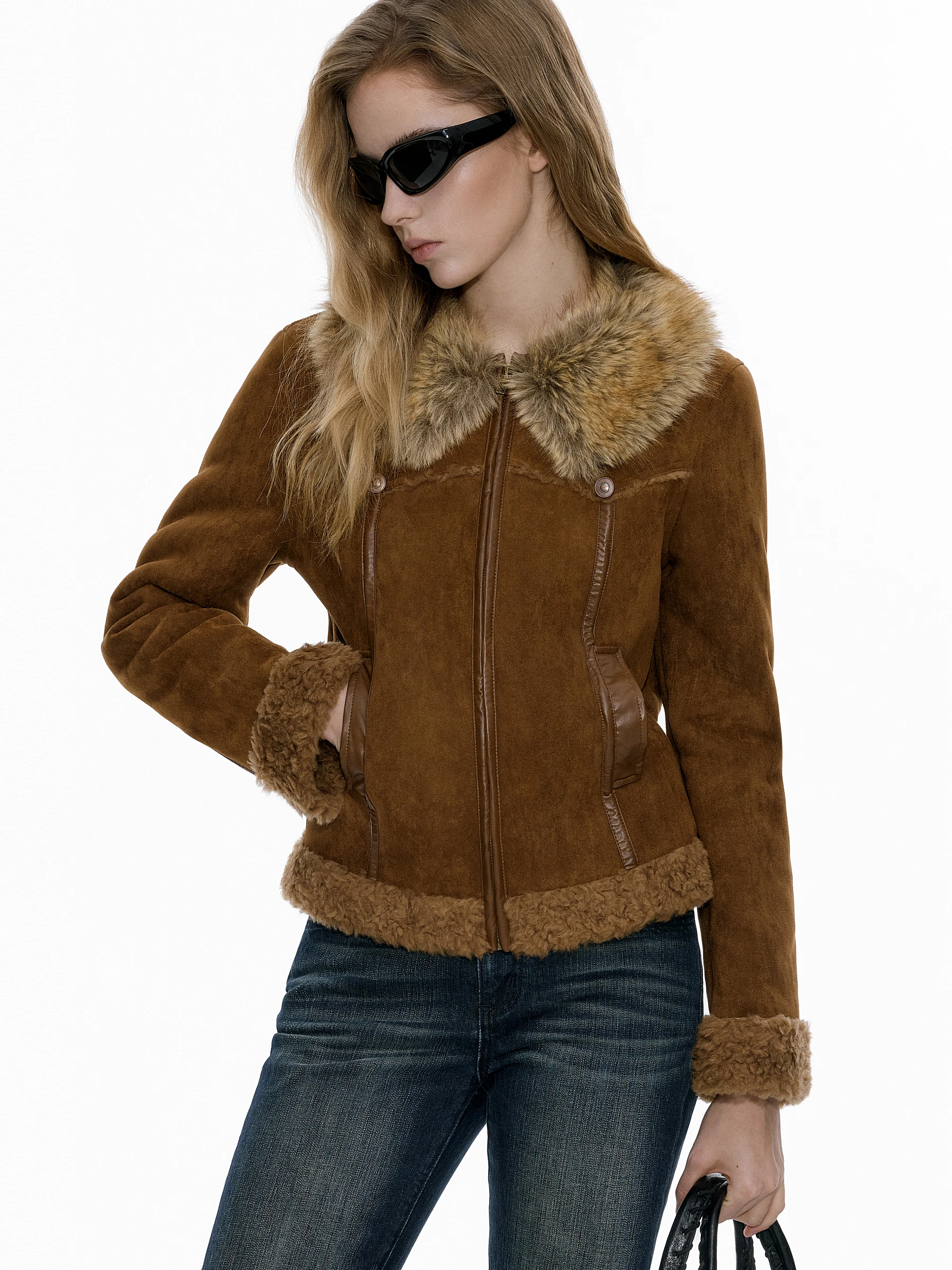 AYF 取り外し可能な毛皮の襟革と毛皮一体型ショートジャケットヴィンテージスタイルの女性のアウターウェア冬オリジナルデザイン