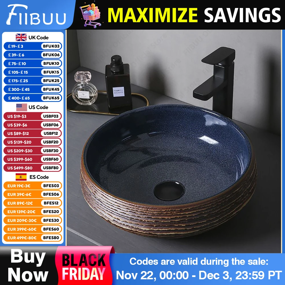 Round Navy Blue And Brown Ceramic Vessel Sink Carved Texture Lavatory Above Counter Art Basin Vanity Sink For Balcony Apartment