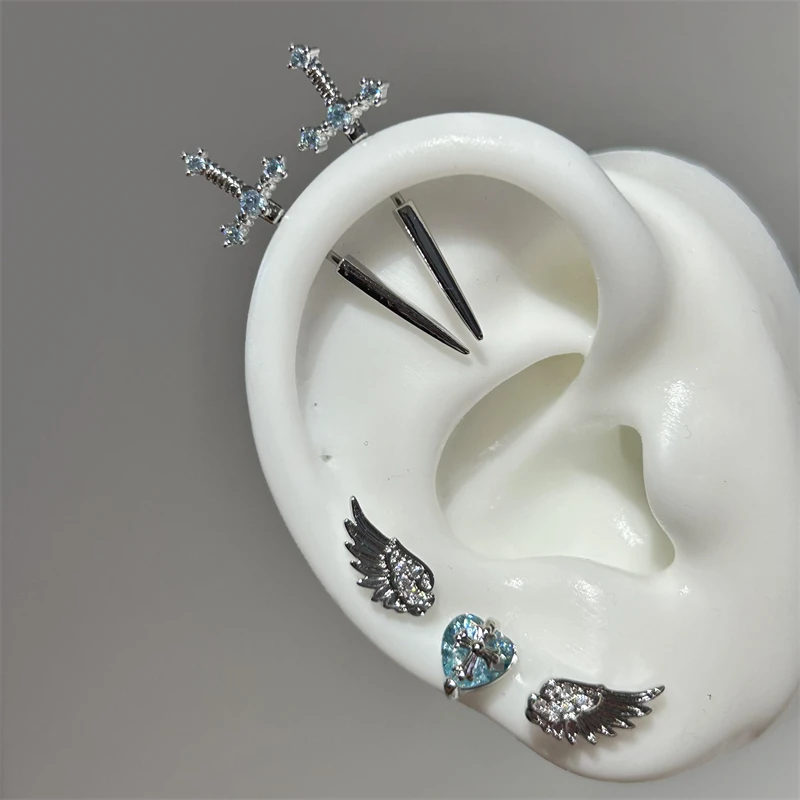 New Fashion Love Wings Cross Stainless Steel Ear Bone Nail Shiny Zircon Trendy Thread Earring for Women Body Piercing Accessorie
