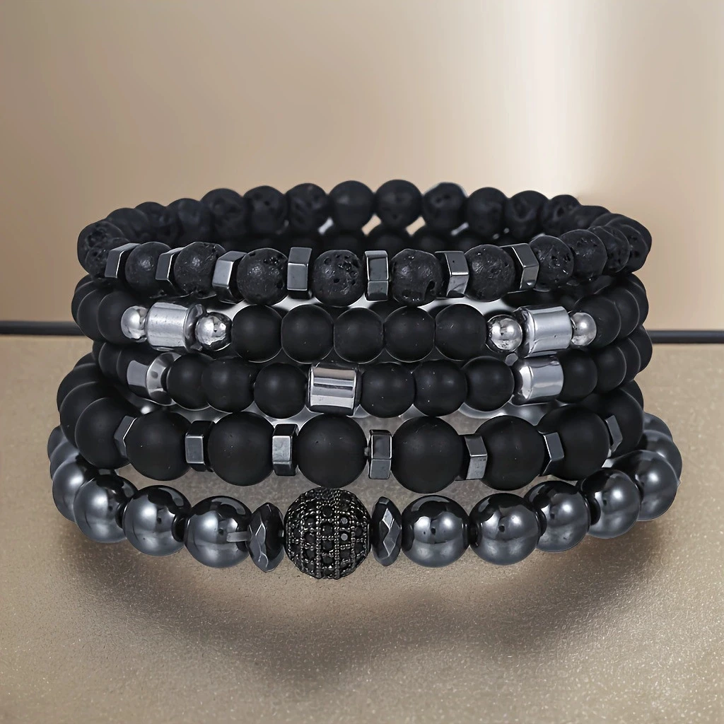 5 قطعة سوار الخرز الأسود مجموعة للرجال مكعب الزركون الكرة سحر الطبيعية ماتي الحمم البركانية حجر مطرز سلسلة الإسورة الذكور مجوهرات بسيطة #4