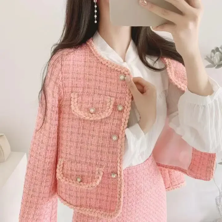 UNXX Korean Version Elegant Set for Women Female Office Lady, Socialite New Stylish Youthful Tweed Jacket + High-waist Skirt