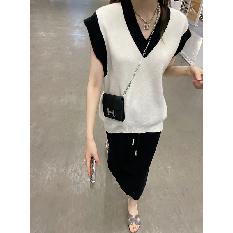 

Модный простой белый вязаный жилет с V-образным вырезом, свободный, стройнящий, женский, осенне-зимний, новинка