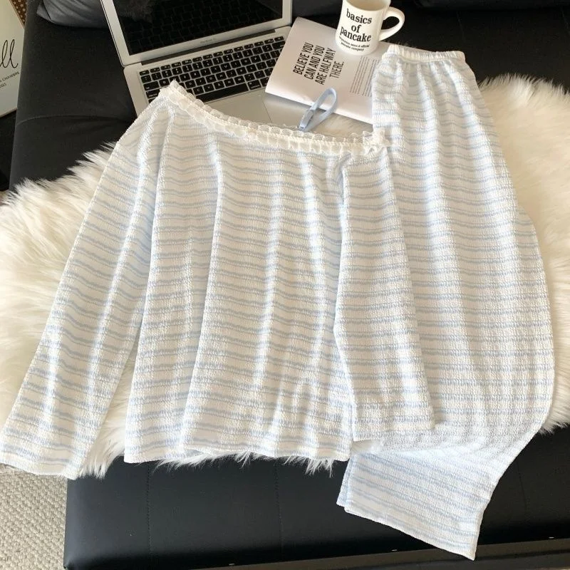 طقم ملابس نوم نسائية مخططة مكشوفة الأكتاف لعام 2025 - بلوزة وسراويل بأكمام طويلة مزخرفة بالدانتيل، ملابس نوم كاجوال حلوة لربيع الخريف #2