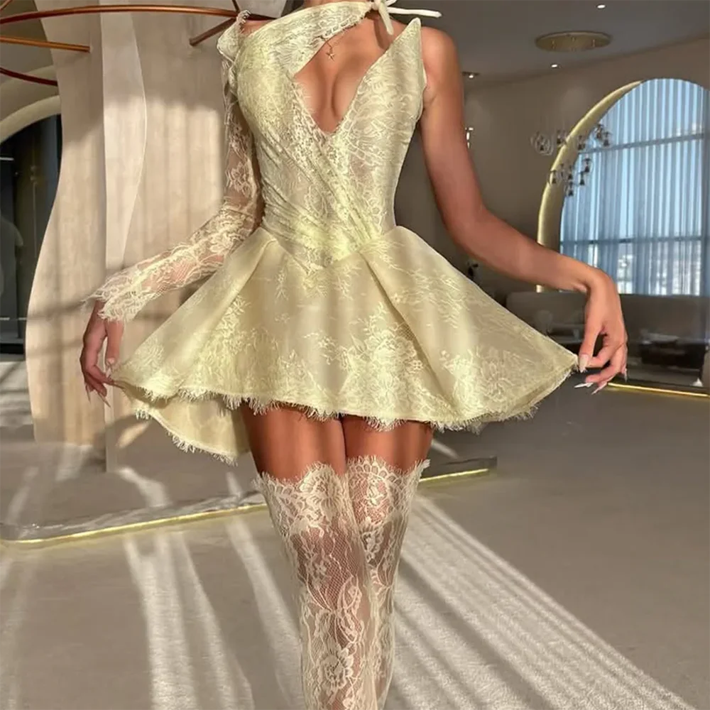 

Elegant Irregular Collar Lace One Shoulder Detachable A-Line Formal Evening Dresses Birthday Party Prom Gowns Customized