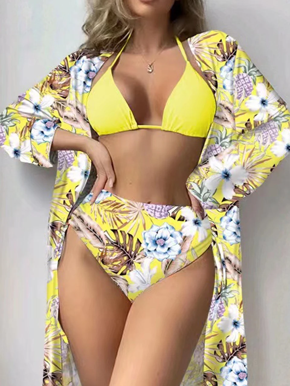 Lace Up Bikinis & Cover Up Long Sleeve Swimwear 2024 Women 3-Piece Print Swimsuit Summer Beach Bathing Suit Female Swimming Wear