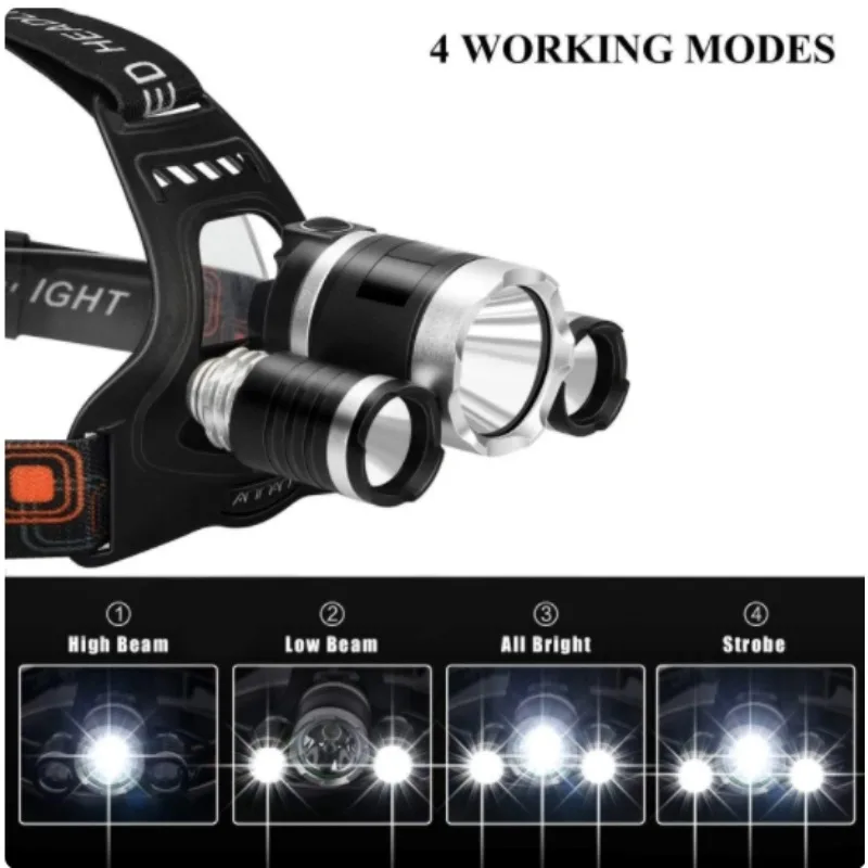 3 lamp heads T6 LED DC rechargeable headlights portable waterproof 3 modes of lighting camping 18650 battery