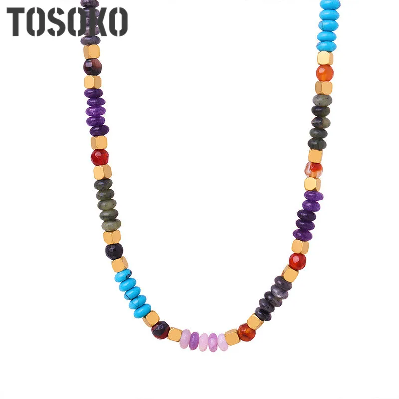 

TOSOKO Stainless Steel Jewelry Multi Color Cut Natural Stone Handmade Beaded Pendant Necklace BSP1737