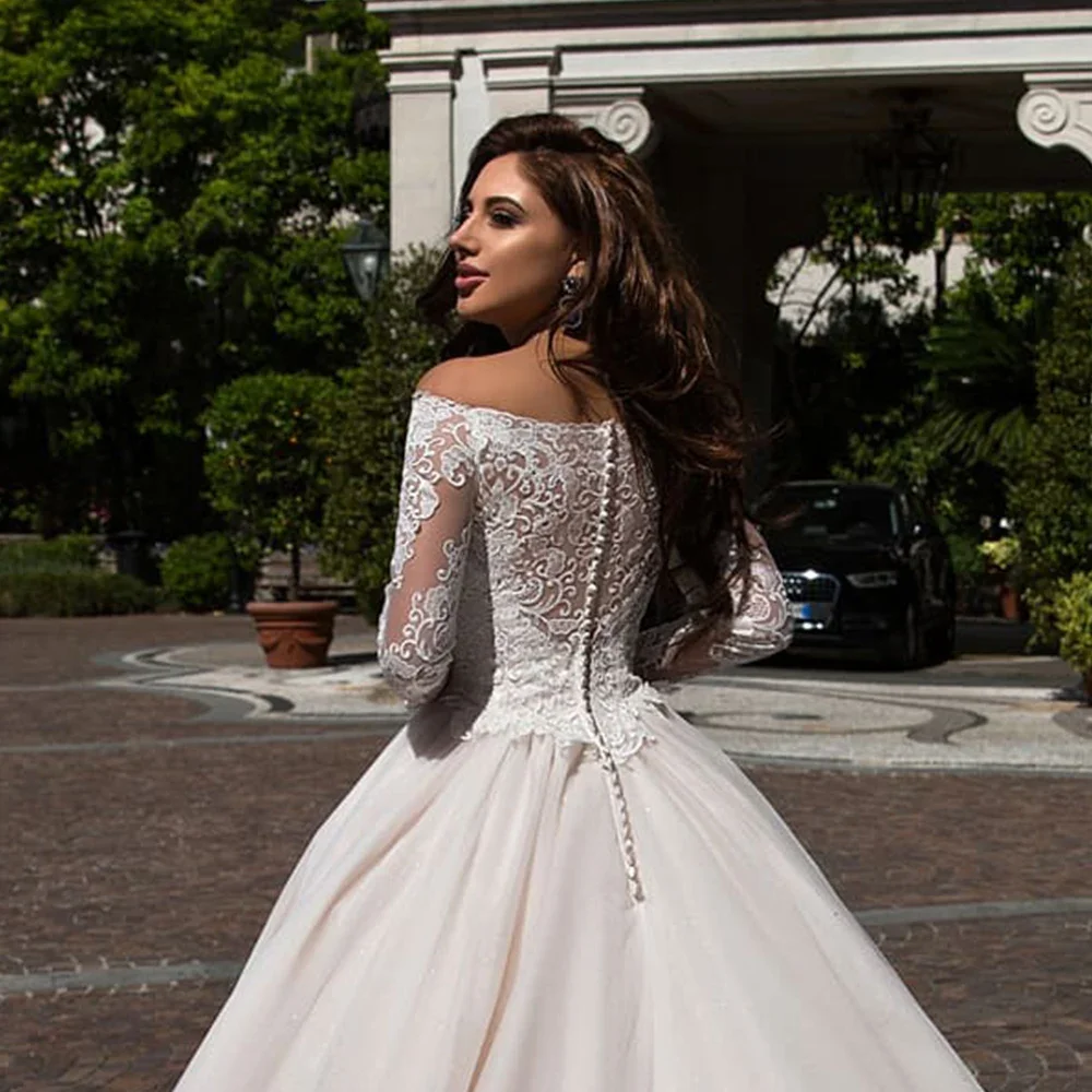 Vestido De novia De manga larga, traje De boda De lujo, cuello Barco, Abiti Da Sposa, Apliques De encaje clásicos