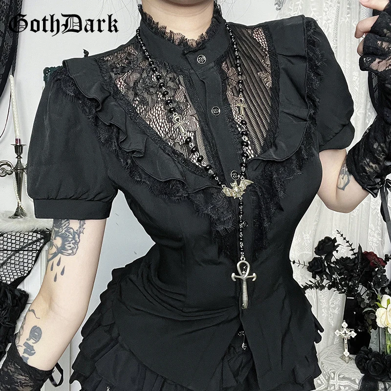 

Goth Dark Lace Patchwork Hollow Out Short Sleeve Shirt Blouses Women Mall Gothic Button Slim Shirts Kawaii Tops Alt Teachwear