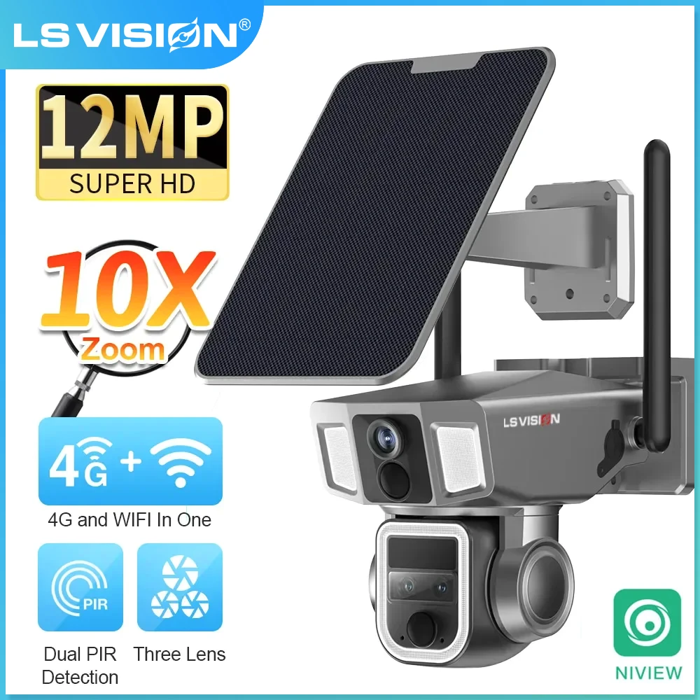 

LS VISION 4G&WIFI PTZ Camera Outdoor Solar Security Camera 10X Zoom 12MP HD 3Lens Dual PIR Human Detection CCTV Cam Dual Screen