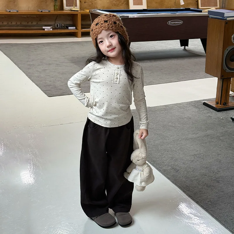 

Girls Top Spring Autumn Korean Style Polka Dot Long Sleeved Bottom Shirt Soft Comfortable Versatile and Stylish Daily Wear