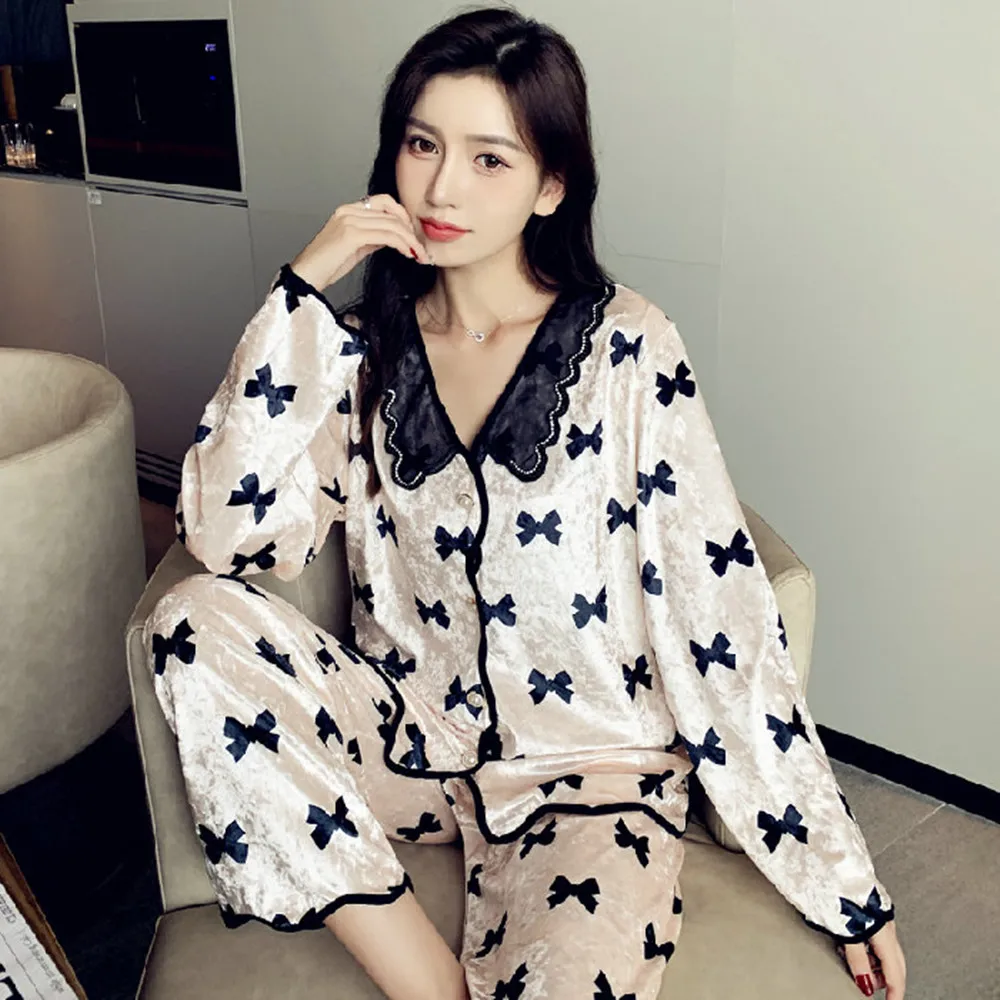 Golden Velvet Sleepwear Korean Style Set Clothes For Women Nightwear For Ladies Long Sleeve Pyjama Suit Nightie Loungewear