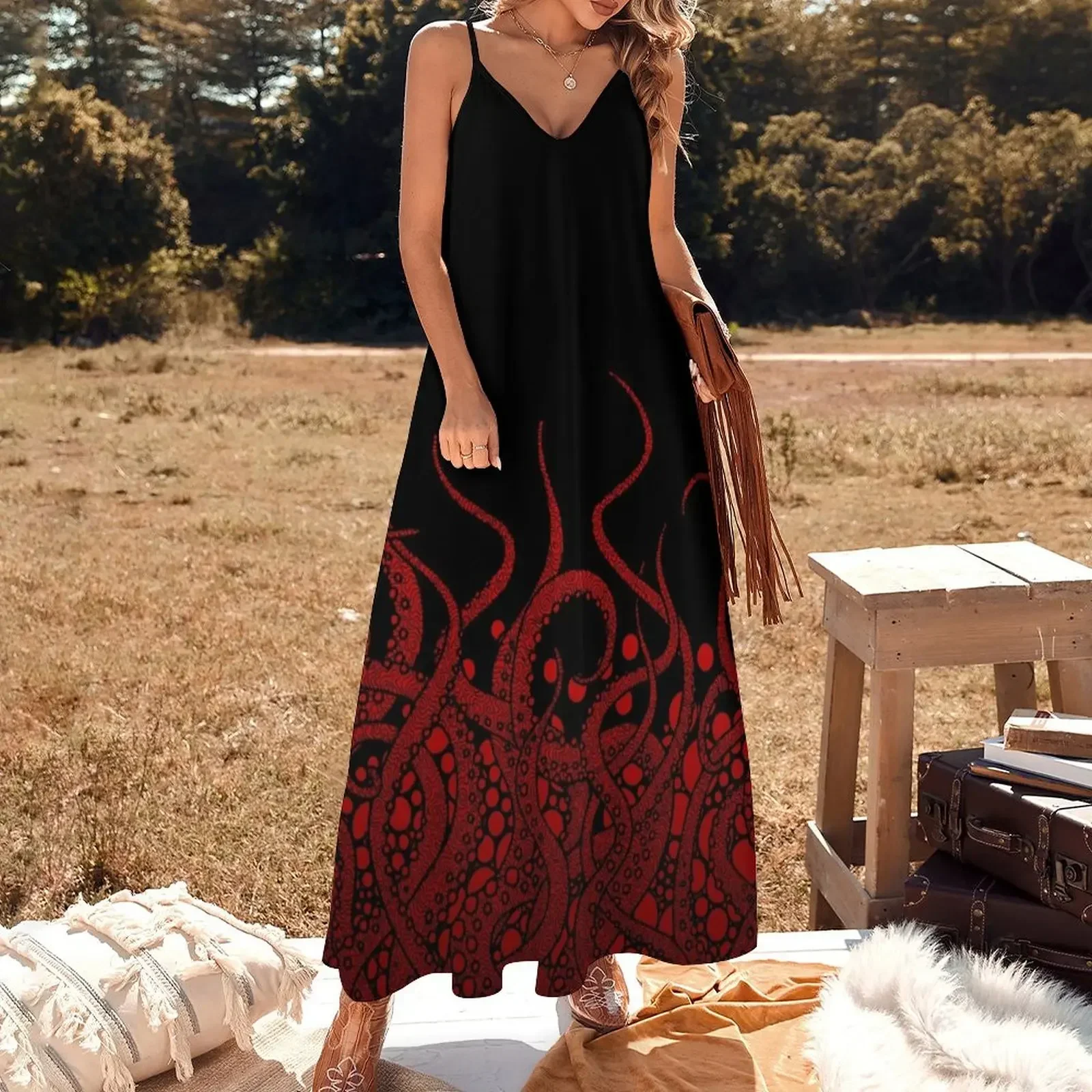 red tentacles on black Sleeveless Dress prom dresses loose summer dress Evening dresses Dress