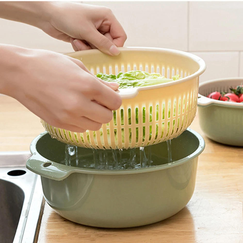 

1pc Plastic Draining Basket Multifunctional Double Layer Fruit Vegetable Washing Filter Storage Container 360° Rotatable