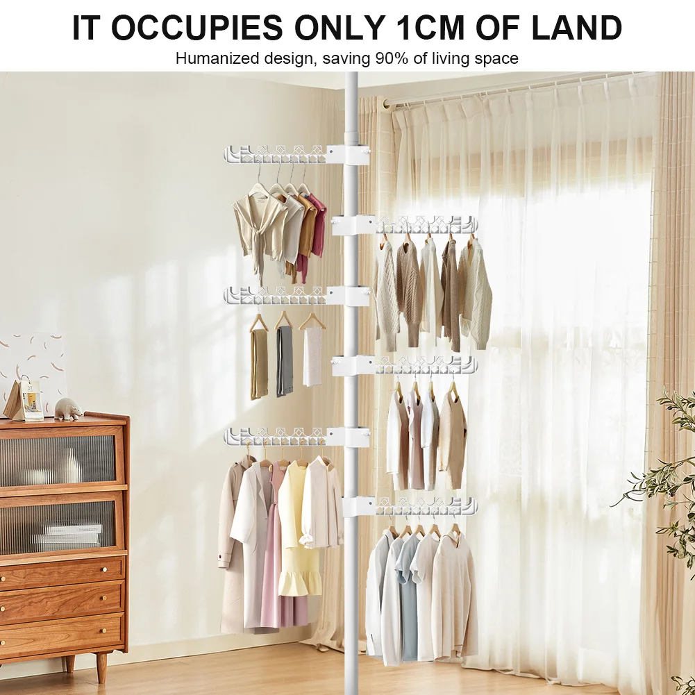 Picture 5: Pole Coat Rack 6 Tiers Telescopic Laundry Tension Adjustable Pole Corner Clothes Hanging Drying Rack for Hanging Suits Clothing