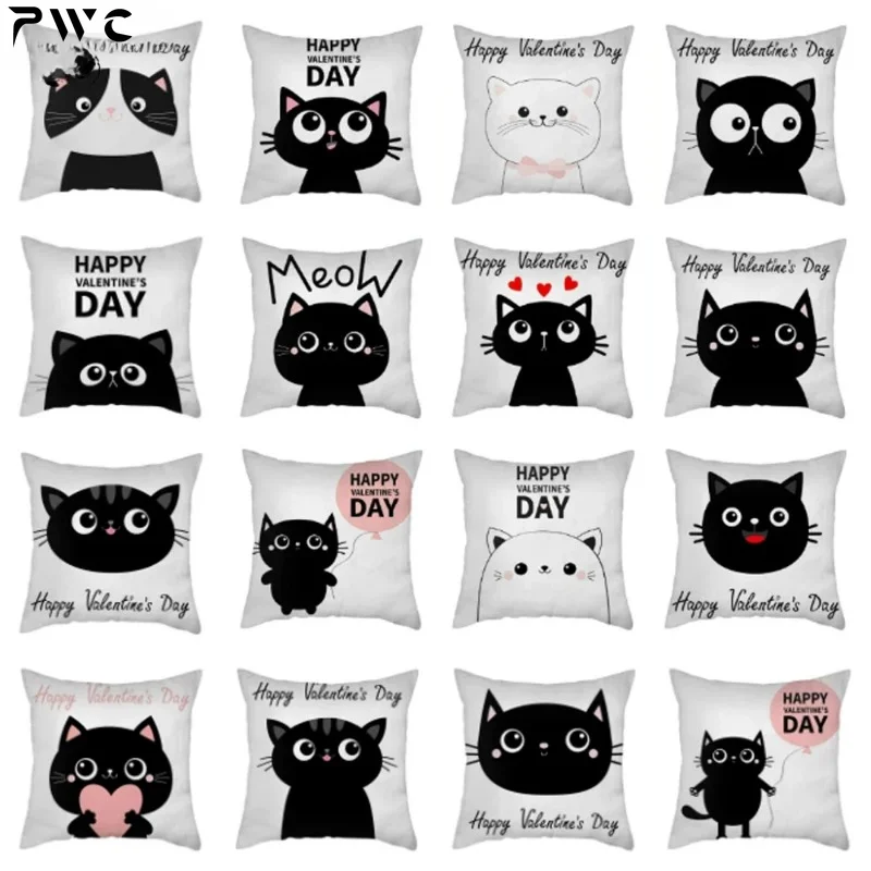 

Valentine's Day Cartoon Cat Print Cushion Cover Animal Polyester Pillow Case Decorative Pillow Cover for Sofa Car Couch 45X45CM