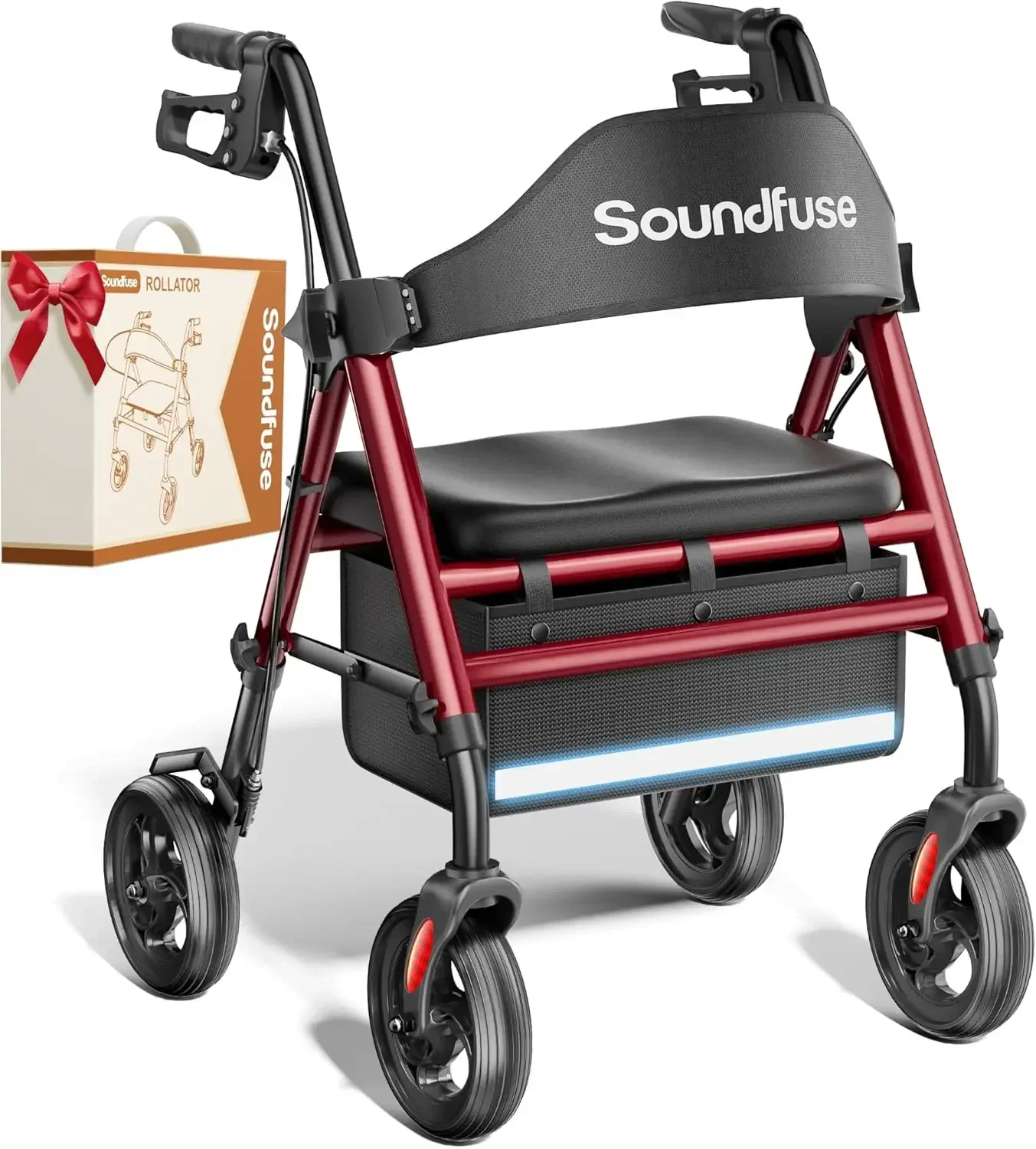 Rollator für Senioren mit Sitz, 8 Allterrain-Rädern, Doppelstützstange, 16 Ergonomischer Bogensitz, Komfortable Rückenlehne