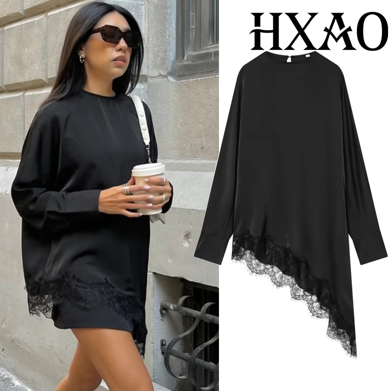 HXAO Women's Lace Blouse Asymmetric Long Black Blouse Woman Spring Elegant Plus Size Top Sweatshirt Long Sleeve Blouse Women