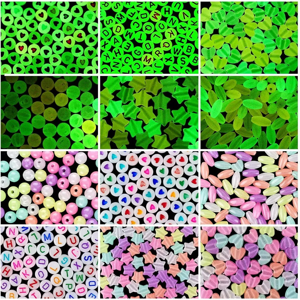 about 600 Pcs Luminous Acrylic Beads Glow in The Dark 6 Styles Assorted Colorful Acrylic Loose Beads for Jewelry Making