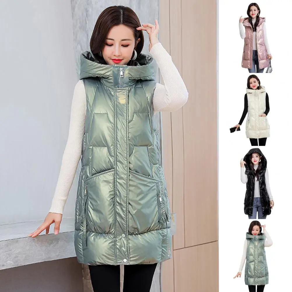 

Vest Overcoat Solid Color Puffer Vest Women Warm Sleeveless Long Type Hooded Jacket