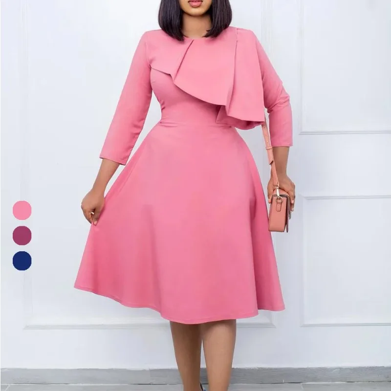 New Design Fall Winter Women Elegant Career Dresses Ladies Office Dress Solid Color Long Sleeve Ruffle A Line Dress