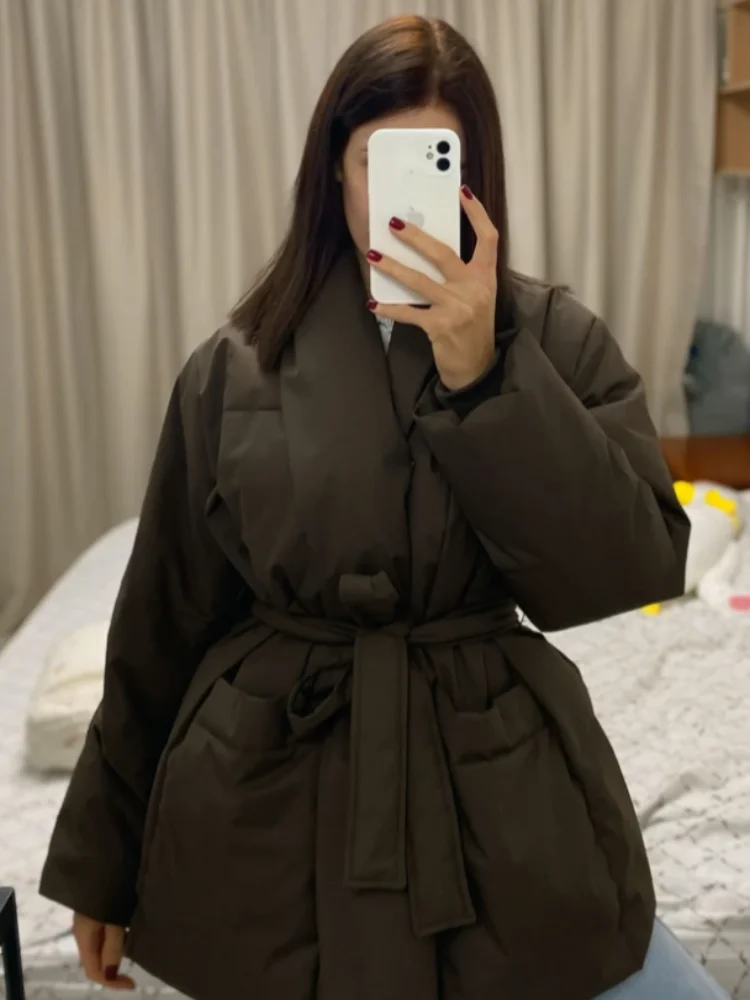 Warm Cotton-padded Lace Up Jacket Women Solid Full Sleeve Stand Collar Loose Jackets Female 2025 Autumn Thicken Outwear Lady New