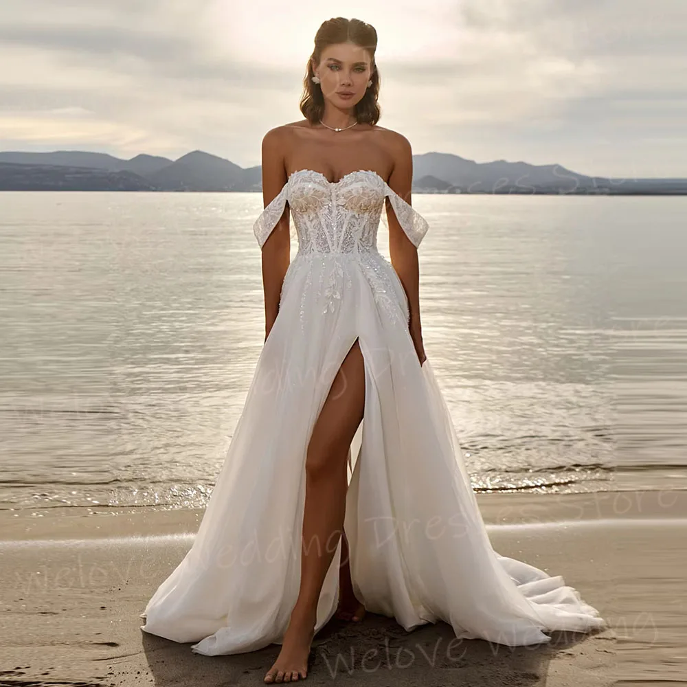 Gorgeous A Line Women's Sweetheart Lace Appliques Wedding Dresses Robe De Mariée Customized Slit Bride Gowns Vestido De Novia