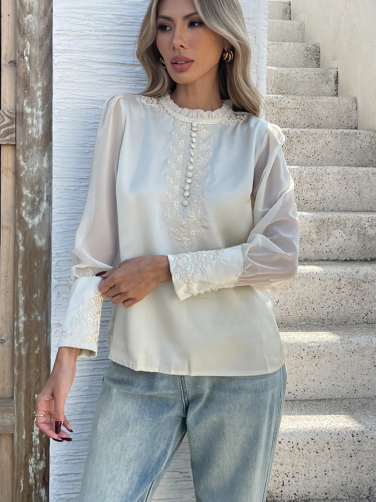 Nuove camicie ricamate primaverili da donna Camicette da donna con maniche in chiffon moda blusa mujer