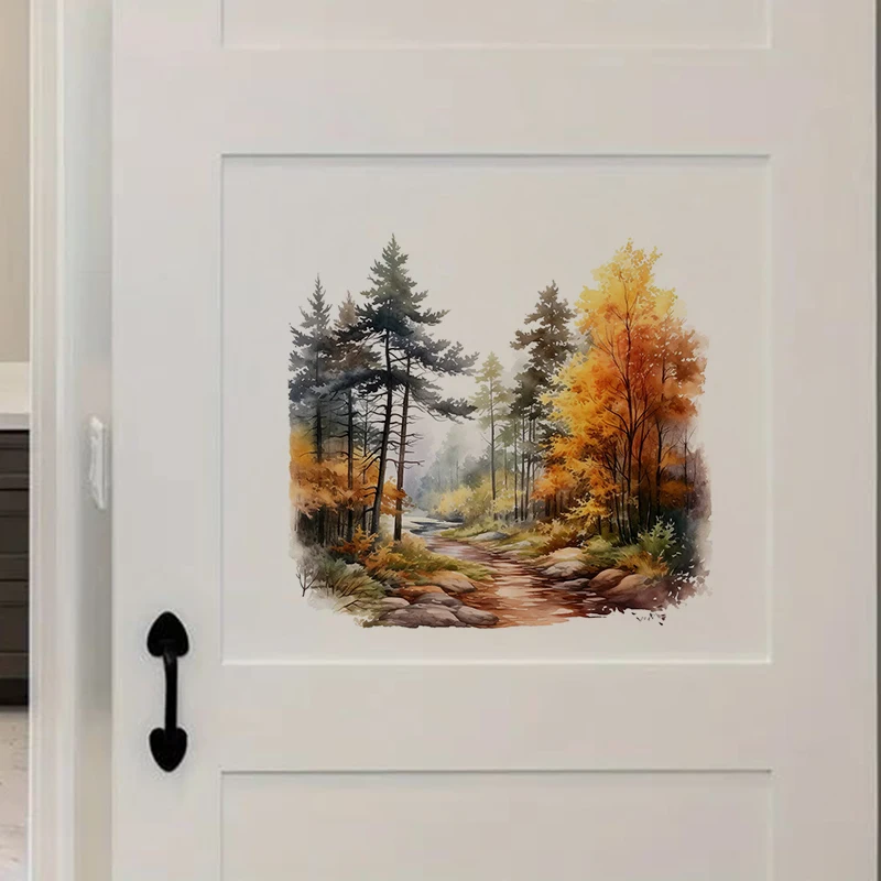 Forest in Autumn Wall Decal - Dreamy Watercolor Woodland Pathway Home Decor - Self-Adhesive Wall Sticker for Bedroom, Hallway
