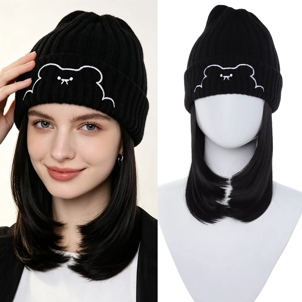 Women Knitted Hat Synthetic Wig, Integrated Clavicle Long Hair Hat Wig, Autumn Winter Hairpiece For Christmas Party