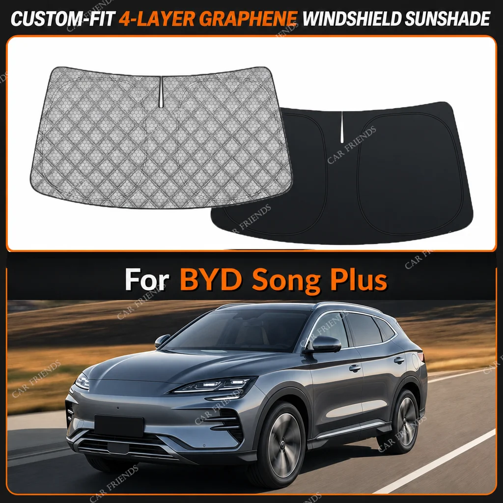 For BYD Song Plus Custom-Fit 4-Layer Graphene Windshield Sunshade Reflective Gray-Silver Surface Helps Reduce Direct Sunlight