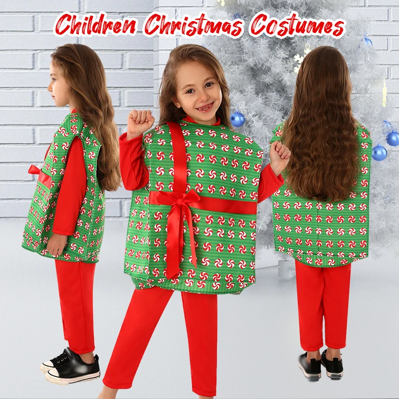 New Year Kids Christmas Costume Santa Claus Gift Box Cosplay Perform Clothing Christmas Carnival Party Fancy Dress For Girl Boy