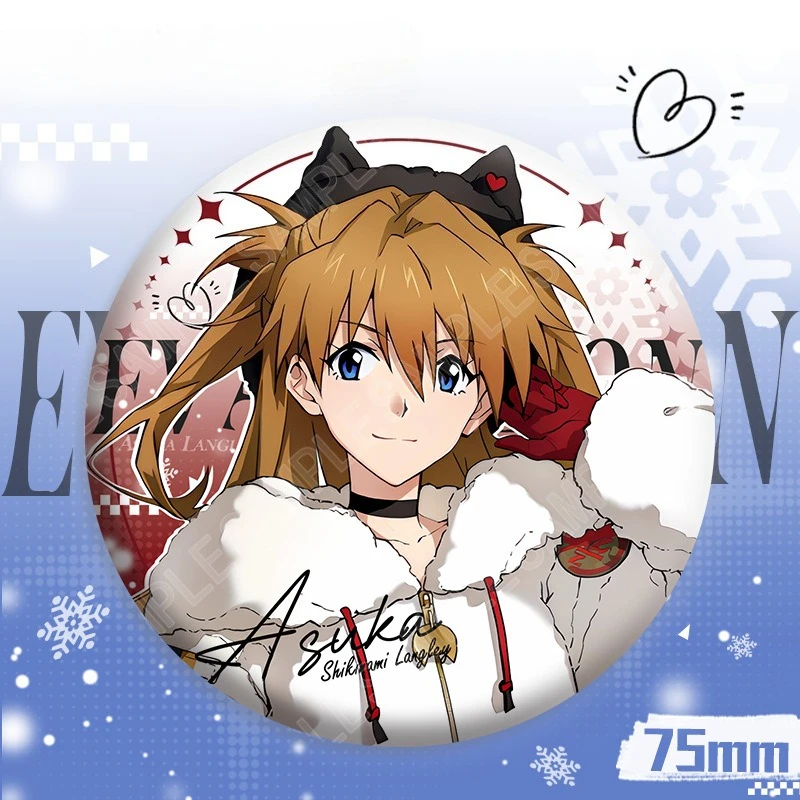 75mm 에반게리온 Tinplate 핀 라운드 배지 아스카 애니메이션 캐릭터 버튼 브로치 옷깃 배지 배낭 의류 쥬얼리 팬을위한 선물