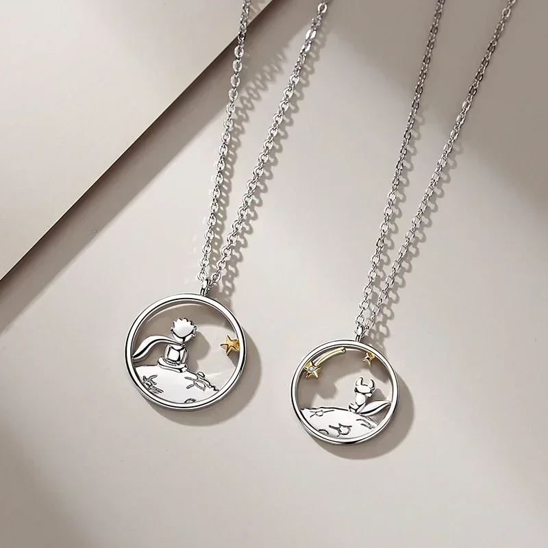 Pendentif petit prince et renard en argent regardé 925 pour couple, collier personnalisé pour amoureux, cadeau de bijoux de la fête des travailleurs de Léon