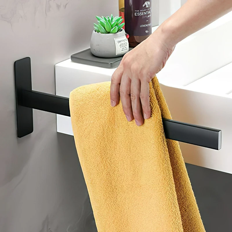 1PC Towel Rack Square Single Lever Towel Rack Self Adhesive Bath Towel Rack Stainless Steel Brushed/Black Bathroom Towel Rack