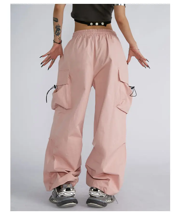 ชุดทํางานยุโรปและอเมริกาปี 2025 เอวยางยืดลําลอง เชือกบาง กระเป๋าข้าง กางเกงอารมณ์