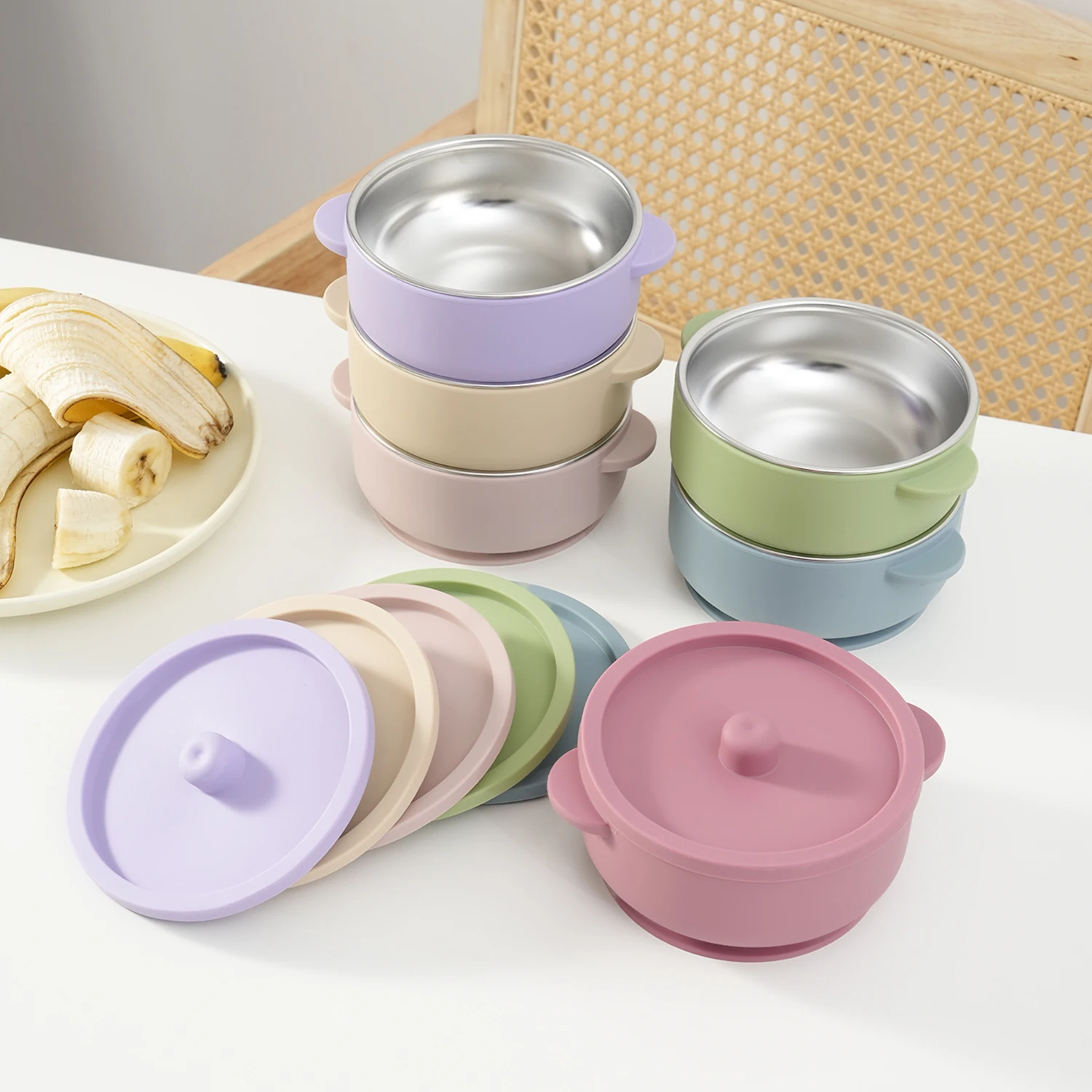 

1 шт. силиконовая детская тарелка для кормления без BPA со съемной подставкой из нержавеющей стали для самостоятельного прикорма малышей