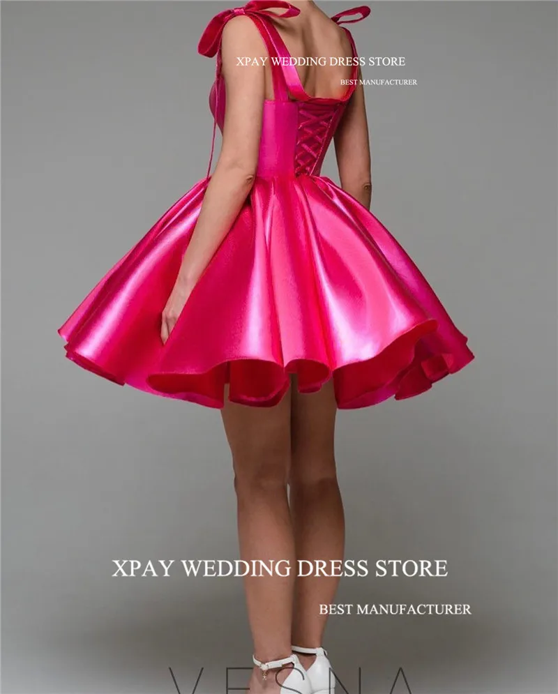 XPAY Shiny Pink Think Satin Short Prom Party Dresses For Wedding Party Straps Puff Mini Sexy Cocktail Dress Corset Back Gown