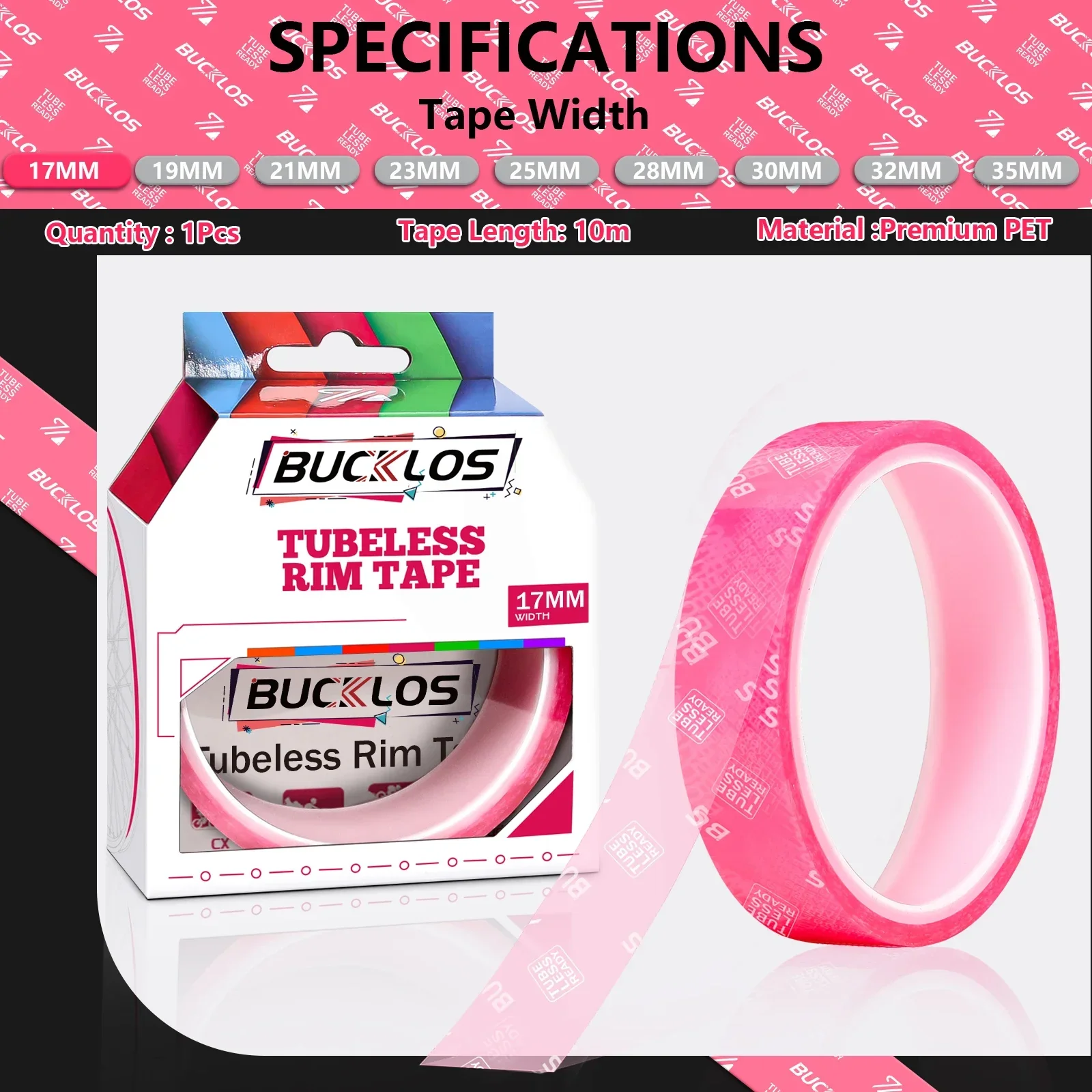 Bucklos 10m Fahrrad Tubeless Felgen band 17-32mm rosa Fahrrad Felgen streifen Bänder Tubeless Reifen Innen bänder für MTB Rennrad Räder