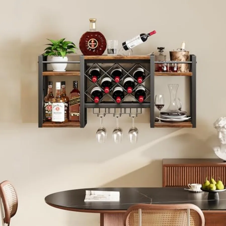 Homeiju Wall Mounted Wine Rack with Glass Holder WoodMetal Retro Bar Shelf Wine Bottles Display Wall Storage for Kitchen Dining
