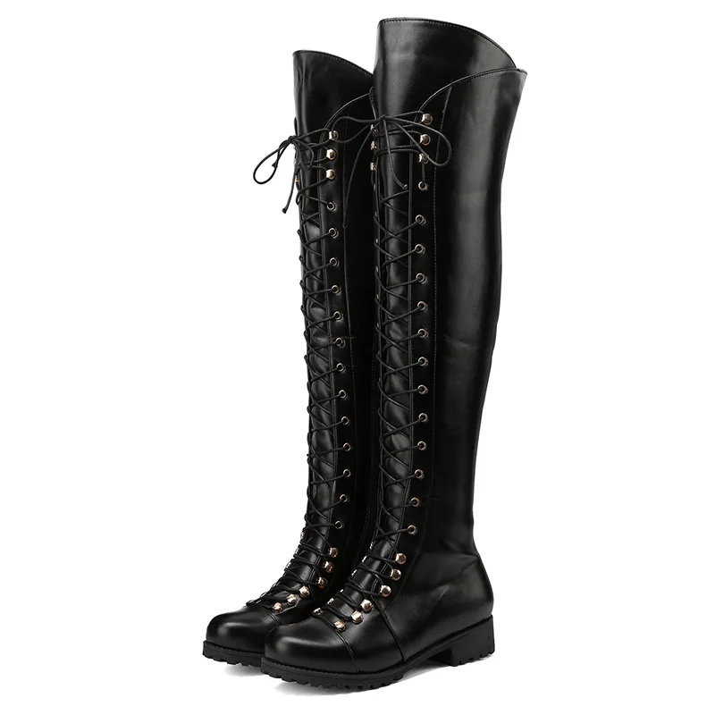 

New Autumn/Winter Cross Tie Square Heel Round Head Over Knee Long Boots Fashion Retro Solid Color Knight Boots