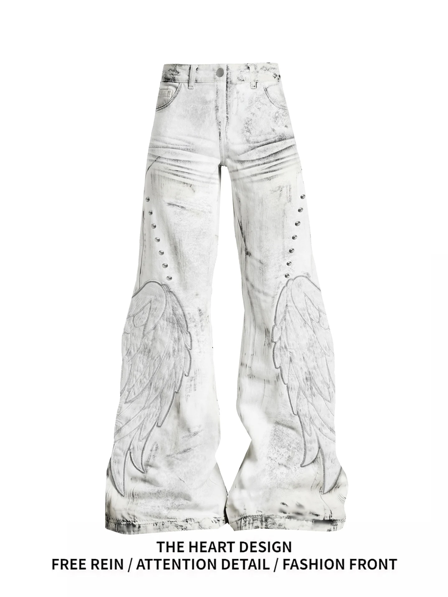 

Retro American Wings Patchwork Micro Flared Denim Jeans Women's Punk Style Slim Leggings Long Pants High Waist Straight Leg