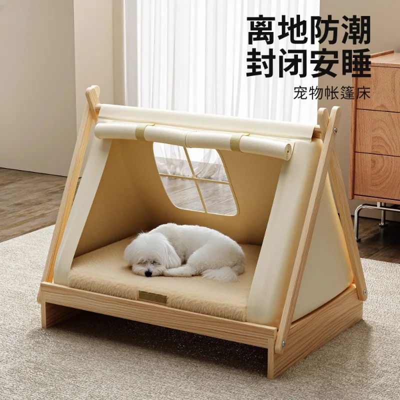 

Solid wood dog bed off the ground pet tent kennel closed security winter warm small dog