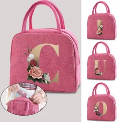 Koeltassen Draagbare Rits Thermische Gouden Initialen Letter Print Lunchtassen voor Vrouwen Handige Lunchbox Tote Voedselopbergzakken