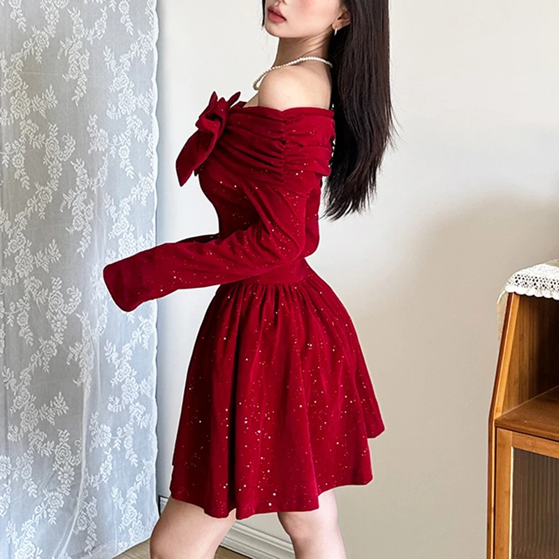 SUCHCUTE Christmas Bow Off Shoulder Red Velvet Dress Elegant Y2k Mini Dress Lolita Kawaii One Piece Dress Korean Fashion Clothes