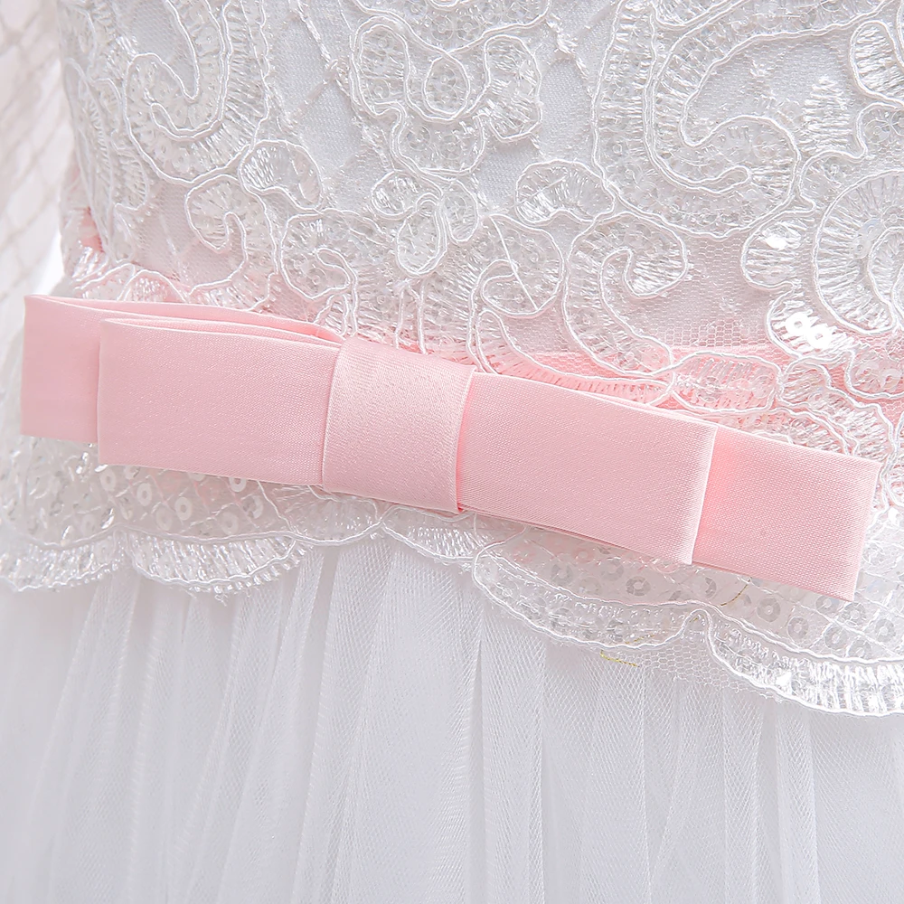 Elegant White Tulle Girls Dress Formal First Communion Princess Kids Party Dress For Girl Bow Wedding Bridemaid Evening Costume